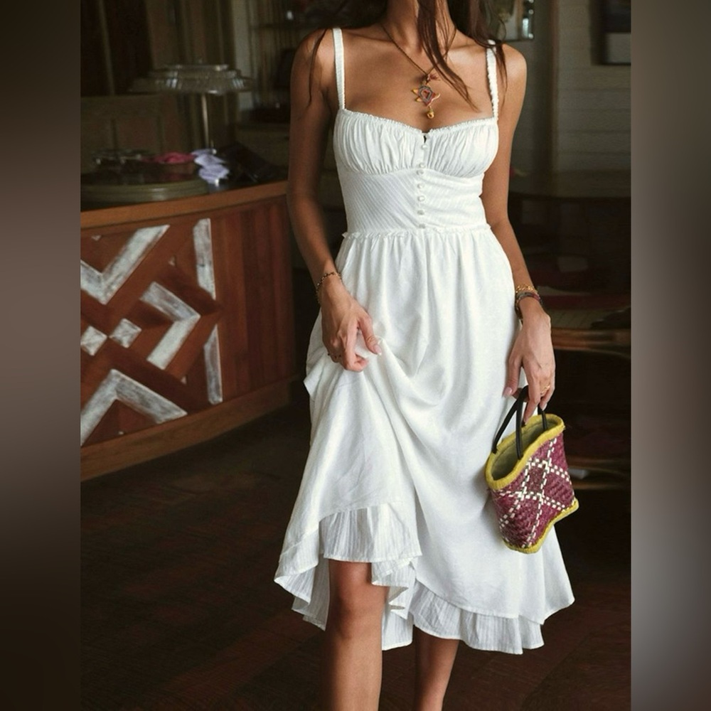 Commense White Ruffle Hem Cami Midi Dress